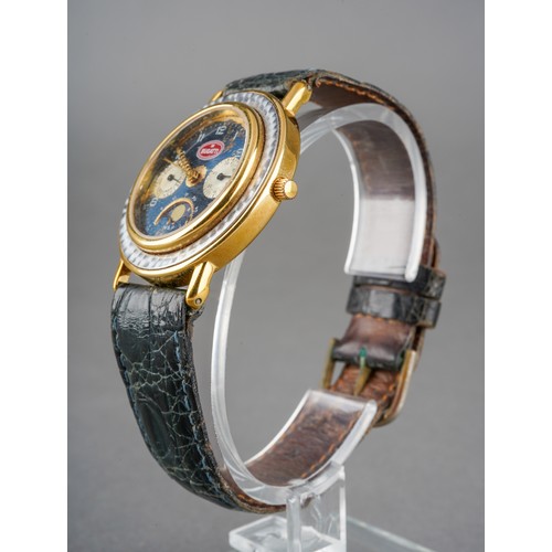 7 - A Bugatti chronograph quartz wristwatch. The dark blue dial with white Arabic numerals, moon phase a... 