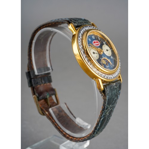 7 - A Bugatti chronograph quartz wristwatch. The dark blue dial with white Arabic numerals, moon phase a... 