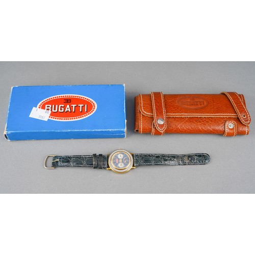 7 - A Bugatti chronograph quartz wristwatch. The dark blue dial with white Arabic numerals, moon phase a... 