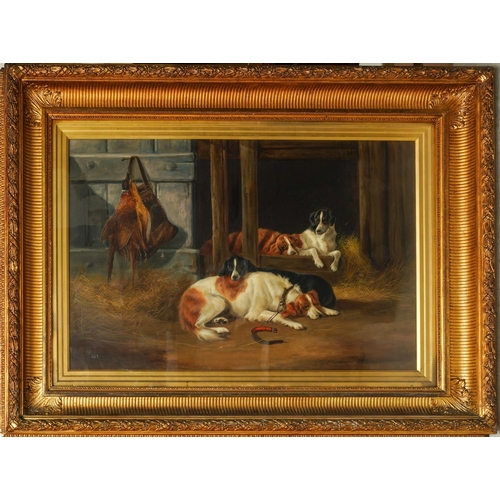 Style of John Gifford (Scottish, Act 1865/88)
Spaniels at Rest with pheasants and cartridge bag
oil on canvas, 61 x 89cm 
signed with initials lower left, framed and glazed, the entire, approx 95 x 125cm  [1]