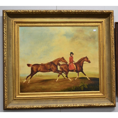 522 - A large oil on canvas in the style of William Shayer showing 2 horses and a Georgian male rider - un... 