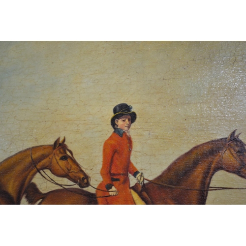 522 - A large oil on canvas in the style of William Shayer showing 2 horses and a Georgian male rider - un... 