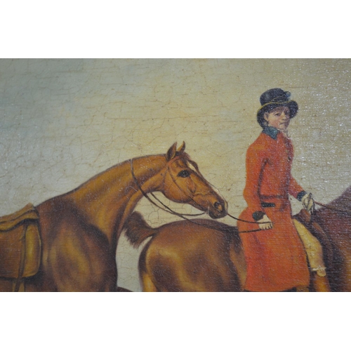 522 - A large oil on canvas in the style of William Shayer showing 2 horses and a Georgian male rider - un... 