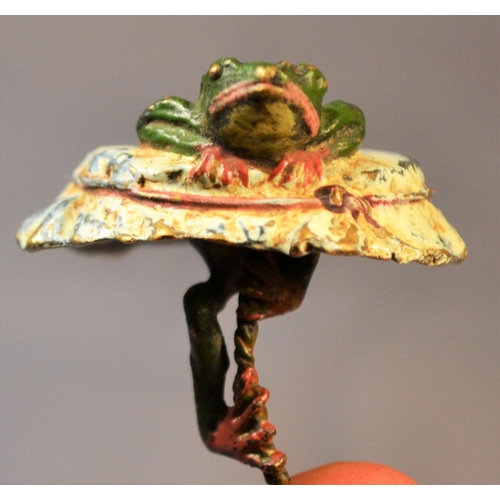 388 - A rare 19th century Franz Bergman cold painted bronze bottle stopper formed as a frog breaking in to... 