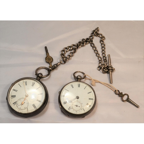 393 - 2 antique silver pocket watches one with a silver Albert chain