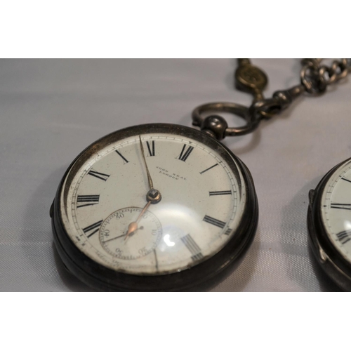 393 - 2 antique silver pocket watches one with a silver Albert chain