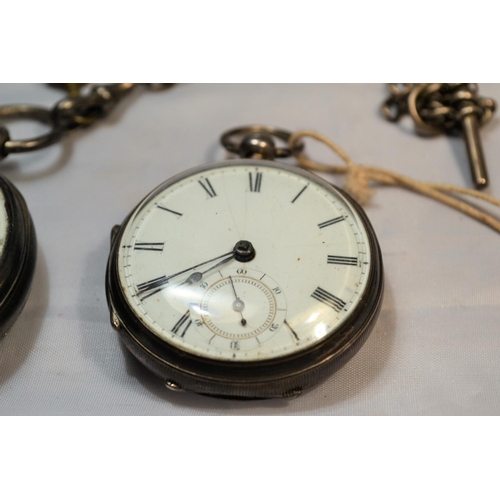 393 - 2 antique silver pocket watches one with a silver Albert chain