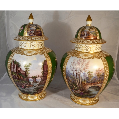 412 - A large impressive pair of German hand painted vases with covers bearing the AR Augustus Rex mark. E... 