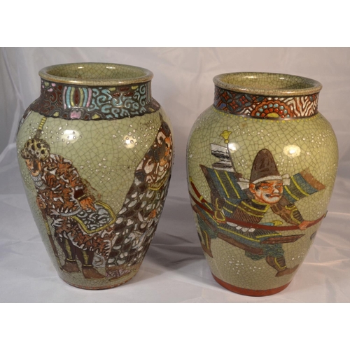 413 - Two enamelled crackle glaze vases, Meiji/ Taisho period. Each painted with Samurai warriors with red... 