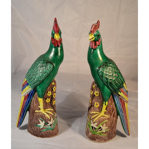 416 - A pair of vintage colourful figures of birds - possibly Chinese and early 20th Century - approx 12