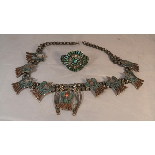 438 - An unusual Navajo Native American white metal Peyote bird necklace and a bangle. The birds set with ... 