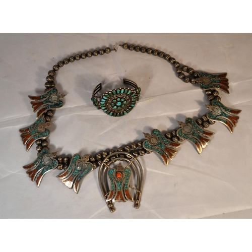 438 - An unusual Navajo Native American white metal Peyote bird necklace and a bangle. The birds set with ... 