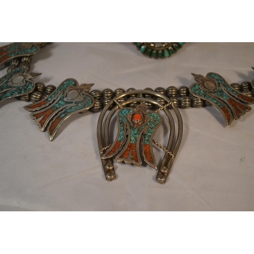 438 - An unusual Navajo Native American white metal Peyote bird necklace and a bangle. The birds set with ... 