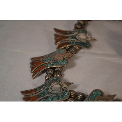 438 - An unusual Navajo Native American white metal Peyote bird necklace and a bangle. The birds set with ... 