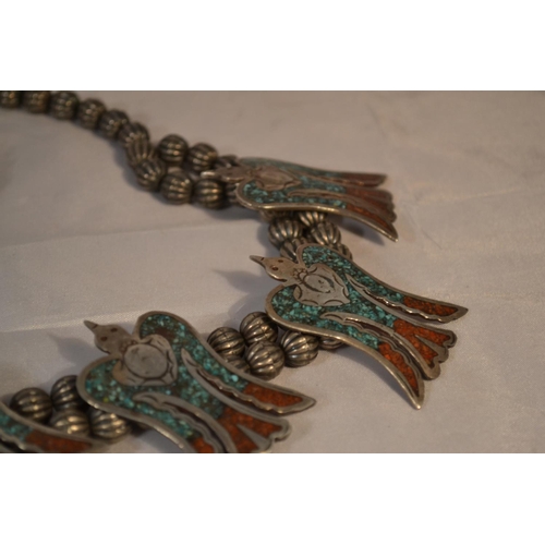 438 - An unusual Navajo Native American white metal Peyote bird necklace and a bangle. The birds set with ... 