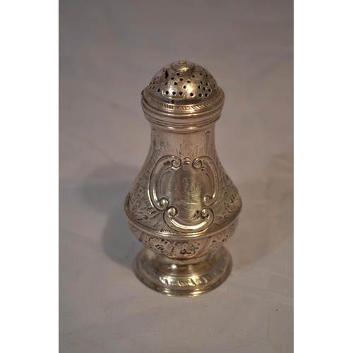 315 - A George II period silver bun shaped pepper pot with armorial - London 1756 by Alexander Johnston