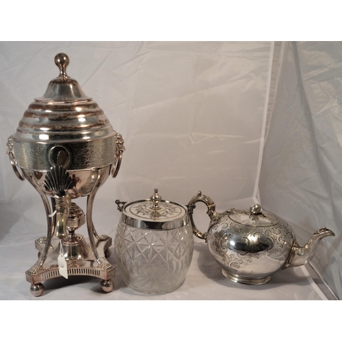 428 - An antique silver plated Samovar, a silver plate and cut glass biscuit barrel and a silver plated te... 