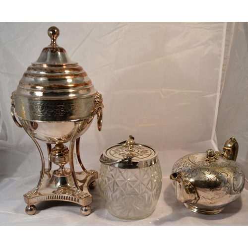 428 - An antique silver plated Samovar, a silver plate and cut glass biscuit barrel and a silver plated te... 