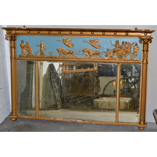 502 - A large 19th century triptych gilt Pier mirror with a blue painted classical frieze - 55