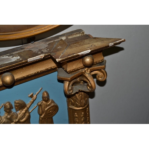 502 - A large 19th century triptych gilt Pier mirror with a blue painted classical frieze - 55