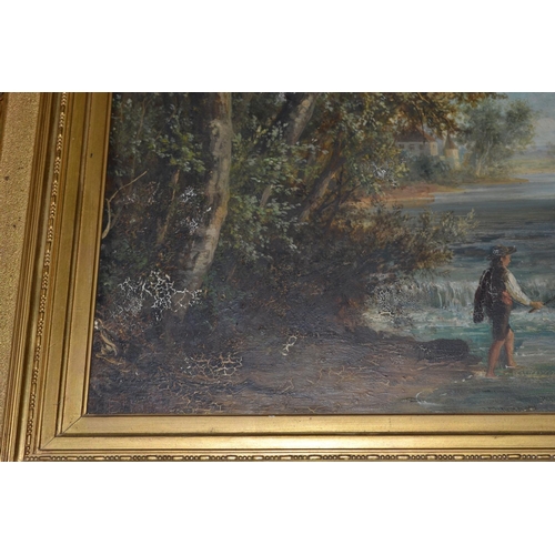 519 - A large 19th century gilt framed Oil on Canvas of a river indistinctly signed E H..... - 32