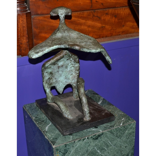 529 - A large abstract bronze sculpture on a marble plinth with green patination - total height including ... 