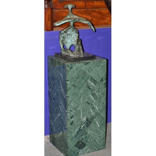 529 - A large abstract bronze sculpture on a marble plinth with green patination - total height including ... 