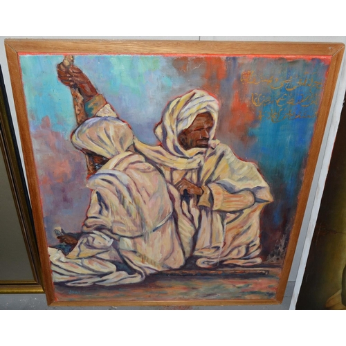 559 - J Hay (20thC) - An oil on canvas of a seated Arabic gentleman with Arabic script signed J Hay lower ... 