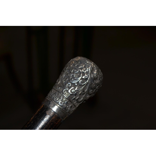 462 - An Indian white metal topped walking cane with embossed decoration c.1900