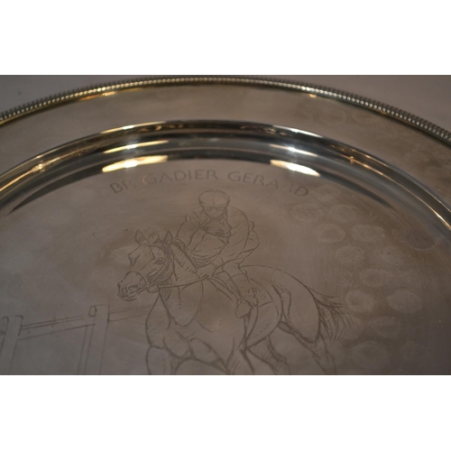 465 - A solid silver trophy salver engraved with a picture of Brigadier Gerard - London 1972 by Comyns - 9... 