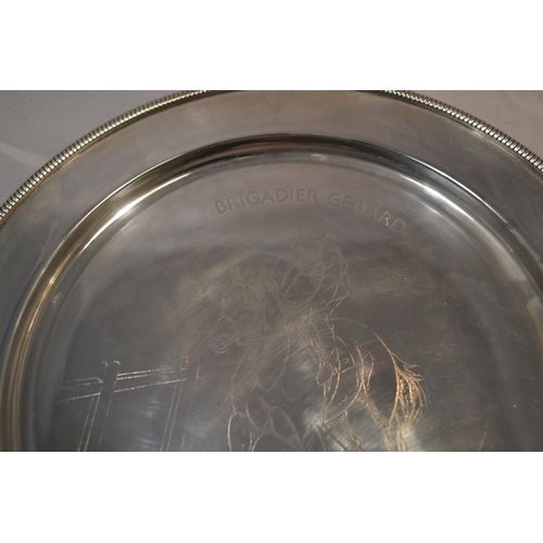 465 - A solid silver trophy salver engraved with a picture of Brigadier Gerard - London 1972 by Comyns - 9... 