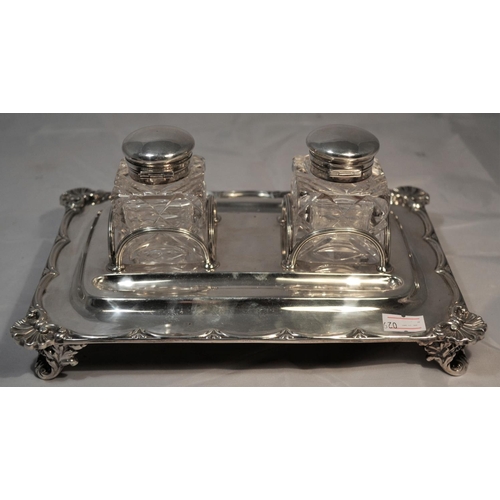 470 - A solid silver desk stand with silver and glass inkwells - the stand London 1901 by W & C Sissons an... 