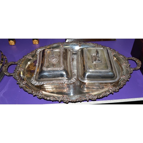 478 - A good quality Victorian silver plated butlers tray and 2 silver plated entree dishes and covers