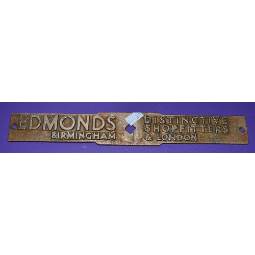 158 - A vintage bronze Edmonds Shop Fitters of Birmingham & London plaque