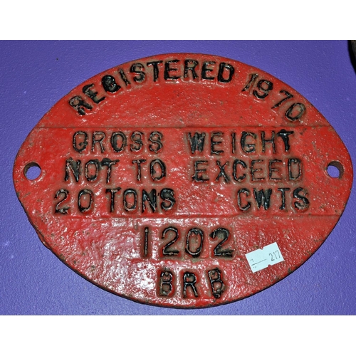 159 - A 1970's British Rail wagon plate