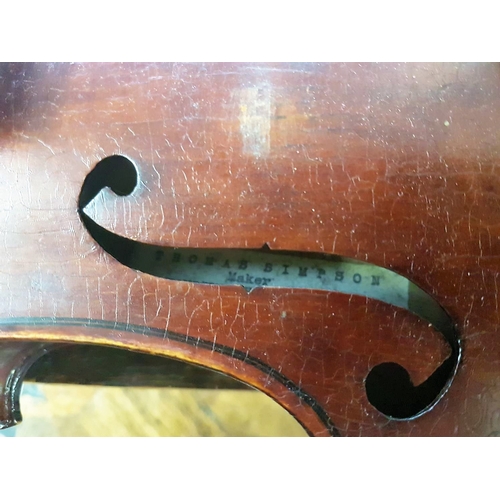 283 - Thomas Simpson of Handsworth - A violin c.1900 bearing a label for Thomas Simpson and a one piece ba... 