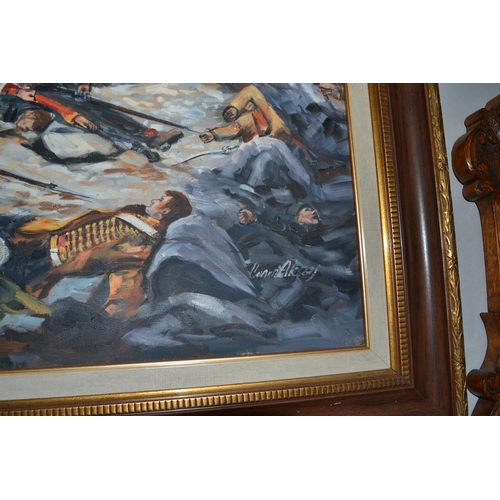 274 - A large oil on canvas of a battle scene signed Canan Aksoy