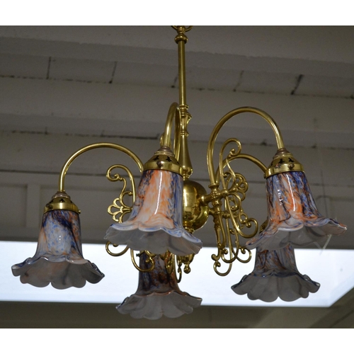 294 - A set of 4 double brass wall lights with coloured glass shades and a pendant light of the same desig... 