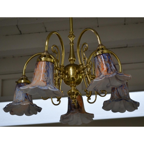 294 - A set of 4 double brass wall lights with coloured glass shades and a pendant light of the same desig... 