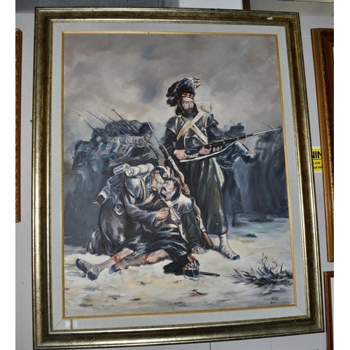 272 - A large oil on canvas of Black Watch soldiers in battle signed Canan Aksoy