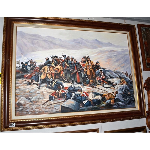 274 - A large oil on canvas of a battle scene signed Canan Aksoy