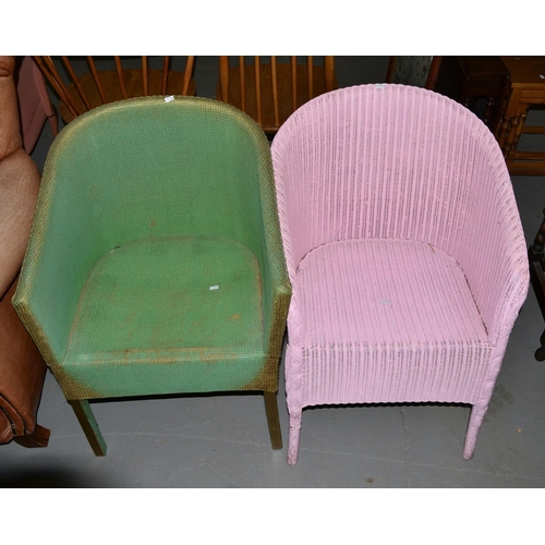 45 - Pink Lloyd Loom bedroom chair and green Lloyd Loom style bedroom chair