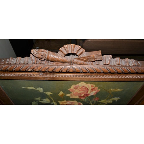 48 - Victorian 'Empire' style firescreen set with an oil on canvas of Roses