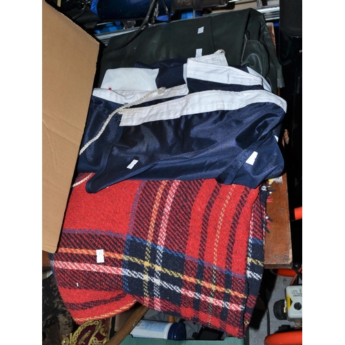 198 - Car blanket, flag and waders