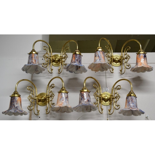 294 - A set of 4 double brass wall lights with coloured glass shades and a pendant light of the same desig... 