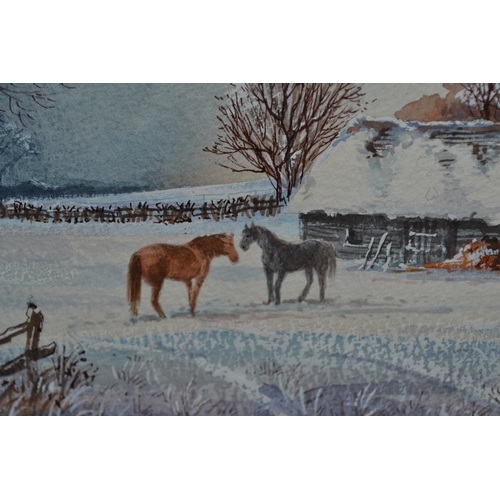 233 - Watercolour of a winter scene with horses signed Alan Robbins