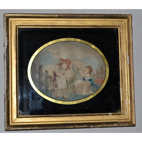 261 - Gilt framed hand coloured Georgian print of children with a sheep in a Verre Eglomisé frame. 1825 en... 