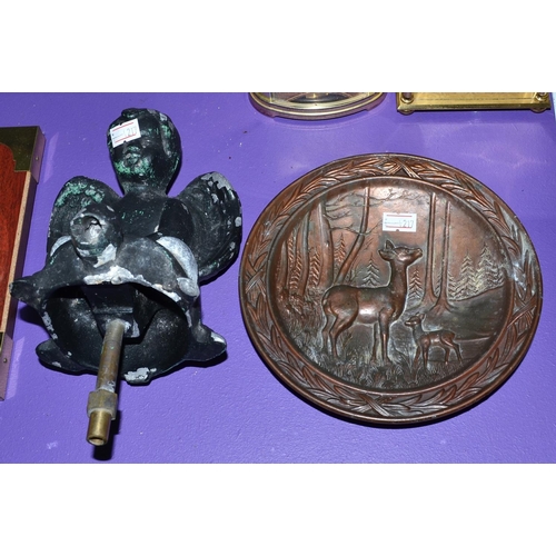 348 - A vintage metal fountain formed as a cherub and a metal plate depicting a deer