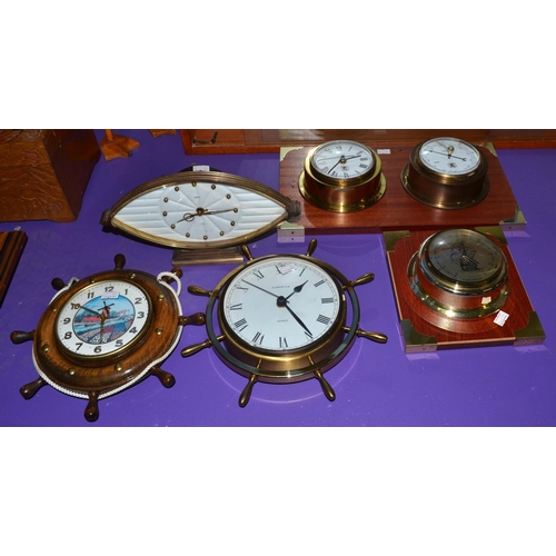 349 - A collection of 5 clocks and barometers - nautical themed