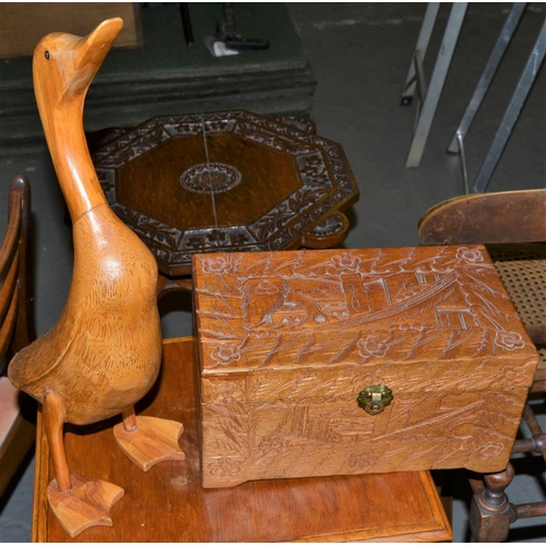 352 - Wooden duck, oriental box and a cribbage board